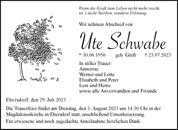 Traueranzeige von Ute Schwabe von Neue Presse Coburg