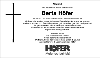 Traueranzeige von Berta Höfer von Frankenpost