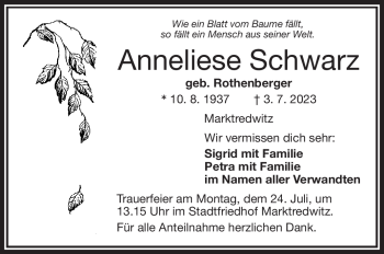 Traueranzeige von Anneliese Schwarz von Frankenpost