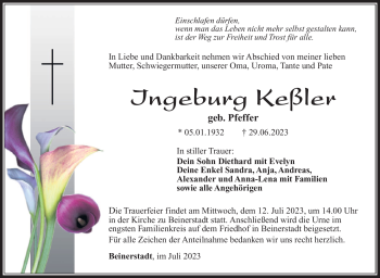 Traueranzeige von Ingeburg Keßler von Südthüringer Presse