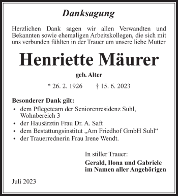 Traueranzeige von Henriette Mäurer von Südthüringer Presse