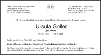 Traueranzeige von Ursula Goller von Frankenpost