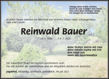 Traueranzeige von Reinwald Bauer von Südthüringer Presse