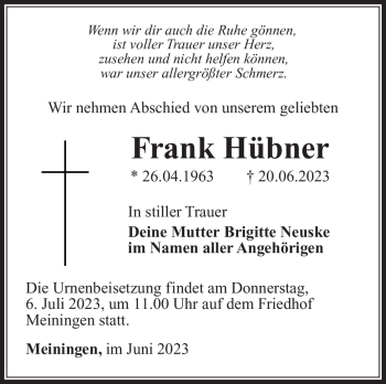 Traueranzeige von Frank Hübner von Südthüringer Presse