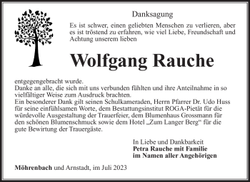 Traueranzeige von Wolfgang Rauch von Südthüringer Presse