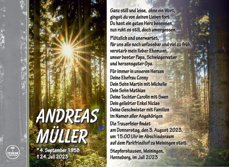  Traueranzeige für Andreas Müller vom 29.07.2023 aus Südthüringer Presse