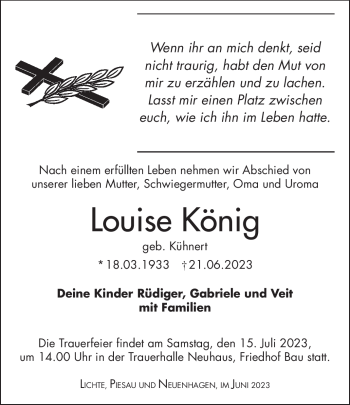 Traueranzeige von Louise König von Südthüringer Presse