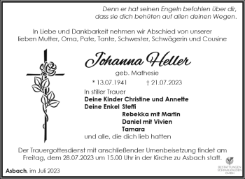 Traueranzeige von Johanna Helelr von Südthüringer Presse