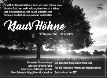Traueranzeige von Klaus Höhne von Südthüringer Presse