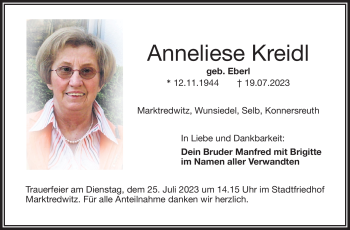 Traueranzeige von Anneliese Kreidl von Frankenpost