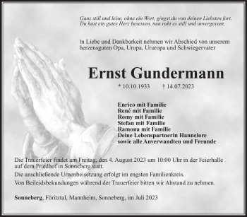 Traueranzeige von Ernst Gundermann von Südthüringer Presse