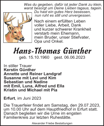 Traueranzeige von Hans-Thomas Günther von Südthüringer Presse