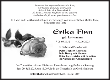 Traueranzeige von Erika Finn von Südthüringer Presse