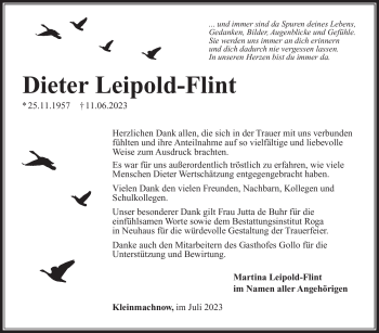 Traueranzeige von Dieter Leipold-Flint von Südthüringer Presse