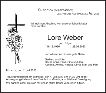 Traueranzeige von Lore Weber von Neue Presse Coburg