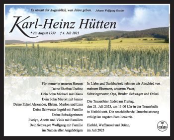 Traueranzeige von Karl-Heinz Hütten von Südthüringer Presse
