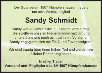 Traueranzeige von Sandy Schmidt von Südthüringer Presse