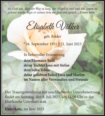 Traueranzeige von Elisabeth Völker von Südthüringer Presse