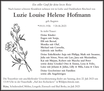 Traueranzeige von Luzie Hofmann von Südthüringer Presse