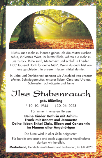 Traueranzeige von Ilse Stubenrauch von Südthüringer Presse