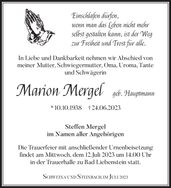 Traueranzeige von Marion Mergel von Südthüringer Presse