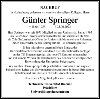 Traueranzeige von Günter Springer von Südthüringer Presse