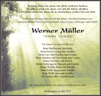 Traueranzeige von Werner Müller von Südthüringer Presse