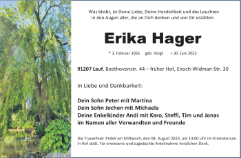 Traueranzeige von Erika Hager von Frankenpost