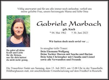 Traueranzeige von Gabriele Marbach von Südthüringer Presse