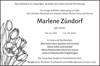 Traueranzeige von Marlene Zündorf von Südthüringer Presse
