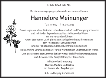 Traueranzeige von Hannelore Meinunger von Südthüringer Presse