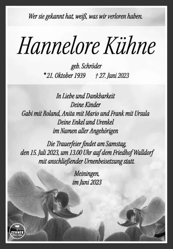 Traueranzeige von Hannelore Kühne von Südthüringer Presse