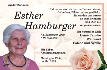 Traueranzeige von Esther Hamburger von Südthüringer Presse