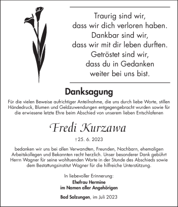 Traueranzeige von Fredi Kurzawa von Südthüringer Presse