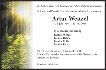 Traueranzeige von Artur Wenzel von Südthüringer Presse