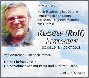 Traueranzeige von Rudolf Luthardt von Südthüringer Presse