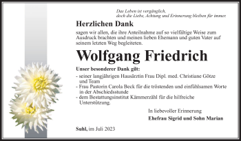 Traueranzeige von Wolfgang Friedrich von Südthüringer Presse