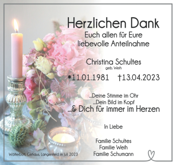 Traueranzeige von Christina Schultes von Südthüringer Presse