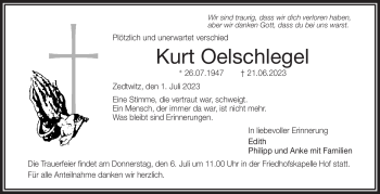 Traueranzeige von Kurt Oelschlegel von Frankenpost