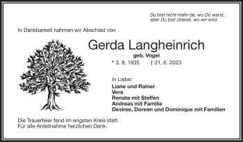 Traueranzeige von Gerda Langheinrich von Frankenpost
