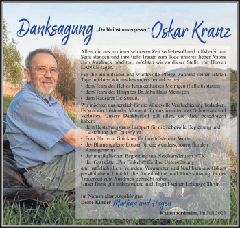 Traueranzeige von Oskar Kranz von Südthüringer Presse