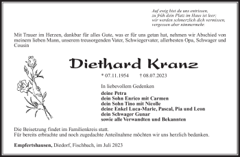 Traueranzeige von Diethard Kranz von Südthüringer Presse