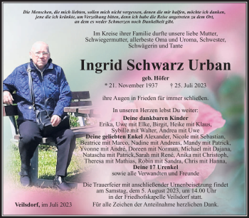 Traueranzeige von Ingrid Schwarz Urban von Südthüringer Presse