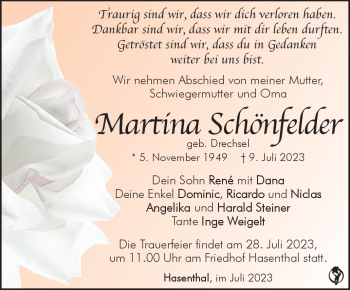 Traueranzeige von Martina Schönfelder von Südthüringer Presse