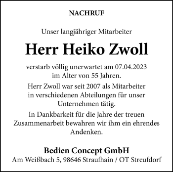 Traueranzeige von Heiko Zwoll von Südthüringer Presse