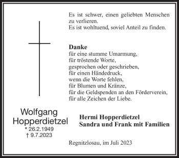 Traueranzeige von Wolfgang Hopperdiezel von Frankenpost