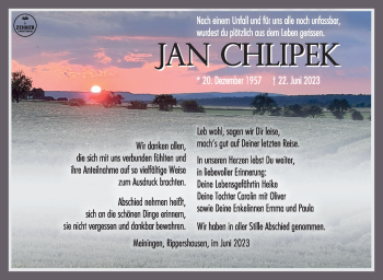 Traueranzeige von Jan Chlipek von Südthüringer Presse