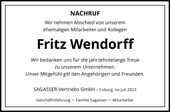Traueranzeige von Fritz Wendorff von Neue Presse Coburg