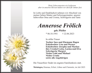 Traueranzeige von Anenrose Frölich von Südthüringer Presse