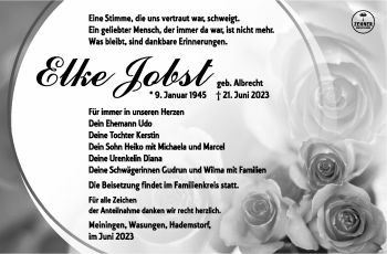 Traueranzeige von Elke Jobst von Südthüringer Presse